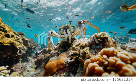 A crab scuttles in a vibrant coral reef, navigating colorful corals and sea plants, joining marine life. A crab scuttles in a vibrant coral reef, navigating colorful corals and sea plants, joining marine life. 125681334