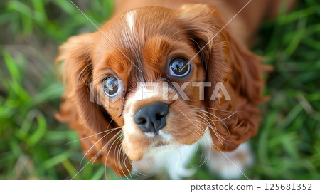 Adorable puppy with big, expressive eyes and floppy ears. This furball melts hearts and brings joy. 125681352