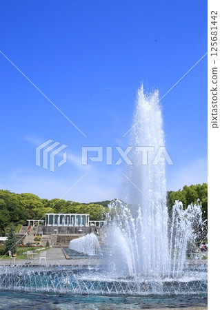 A park with a fountain 125681442
