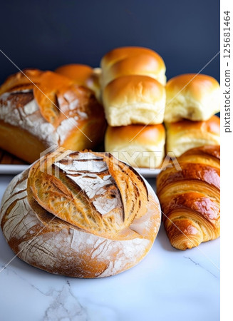 Beautifully crafted croissants on kitchen surface, showcasing golden hues and perfect textures. Great for food styling or culinary magazines highlighting breakfast delights. Beautifully crafted croissants on kitchen surface, showcasing golden hues and perfect textures. Great for food styling or culinary magazines highlighting breakfast delights. 125681464
