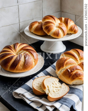 Warm croissants and rolls resting on soft cloth. Inviting textures and colors create a cozy atmosphere, ideal for brunch spreads, lifestyle blogs, or gourmet food advertisements. Warm croissants and rolls resting on soft cloth. Inviting textures and colors create a cozy atmosphere, ideal for brunch spreads, lifestyle blogs, or gourmet food advertisements. 125681502