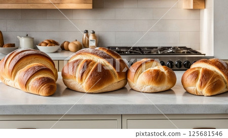 Delicious assortment of croissants displayed on elegant plates. Flaky layers and golden crusts highlight artisanal baking. Perfect for culinary photography and food marketing. Delicious assortment of croissants displayed on elegant plates. Flaky layers and golden crusts highlight artisanal baking. Perfect for culinary photography and food marketing. 125681546