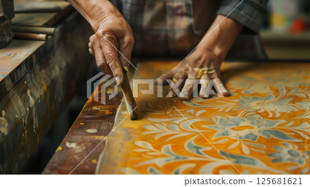 An artisan crafts stunning block-print designs, showcasing incredible skill and dedication to this art. 125681621