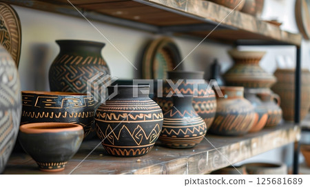 Ethnic pottery, with intricate patterns and vibrant colors, celebrates rich cultural heritage and craftsmanship. 125681689
