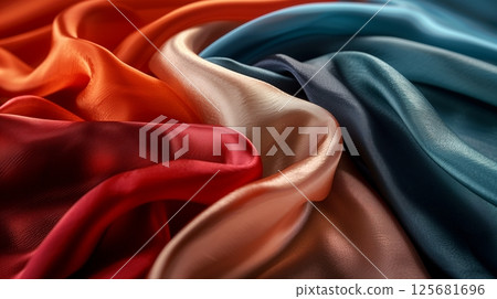 Luxurious silk fabric with smooth texture and vibrant colors, ideal for elegant garments and home decor. 125681696