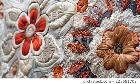 Intricate embroidery highlights the artisan's skill with delicate stitches and vibrant threads. 125681702