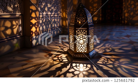 An Arabic lantern casts intricate shadows, enhancing any space's ambiance and cultural richness. 125681792