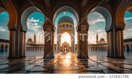 Majestic Arabic architecture features intricate arches, grand domes, and detailed geometric patterns. 125681796