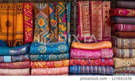 Bandhani textiles, showcased in a vibrant market, highlight intricate designs and traditional craftsmanship. 125681836