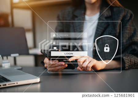 Cyber security concept, Login, User, identification information security and encryption, secure access to user's personal information woman using smart phone and tablet Cyber security concept, Login, User, identification information security and encryption, secure access to user's personal information woman using smart phone and tablet 125681901