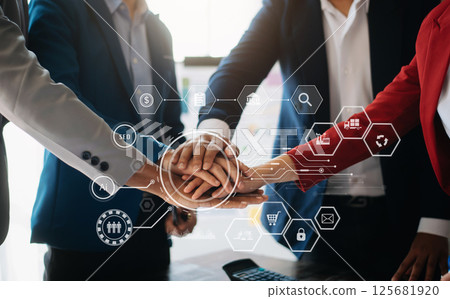 Close up on hands of business people join together their hands together on unity concept Close up on hands of business people join together their hands together on unity concept 125681920