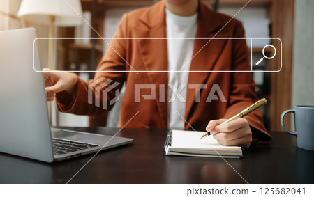 Searching Browsing Internet Data Information Networking Concept with blank search bar. woman working with mobile phone and laptop computer VR icon Searching Browsing Internet Data Information Networking Concept with blank search bar. woman working with mobile phone and laptop computer VR icon 125682041