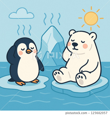 Penguins and polar bears sitting on melting ice Penguins and polar bears sitting on melting ice 125682057