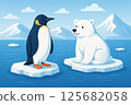 Penguins and polar bears sitting on ice 125682058