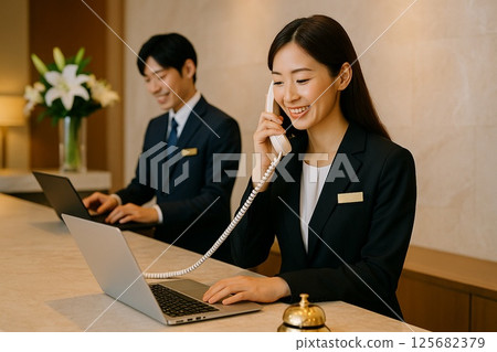 Female staff answering the phone at the hotel front desk 125682379