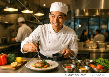 Smiling chef finishing up a dish 125682380