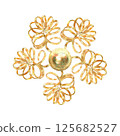 Gold flower with curl petals, ball, ribbons in vibrant circle. Hand-painted in watercolor with gold accents. Isolate element is presented for decorating, designing textile, wallpaper, print, packaging 125682527