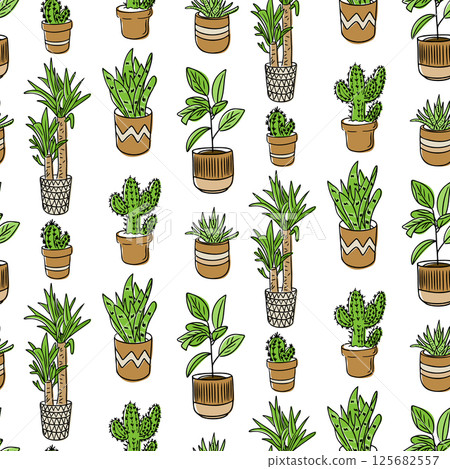 Seamless pattern with various potted cacti Seamless pattern with various potted cacti 125682557