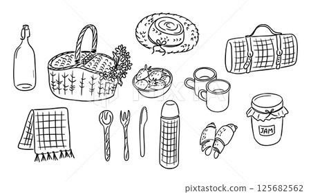 Hand drawn picnic set with food, blanket, Hand drawn picnic set with food, blanket, 125682562
