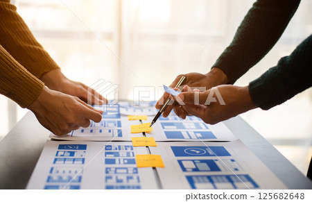 UX developer and ui designer brainstorming about mobile app interface wireframe design with customer breif and color code at modern office. 125682648