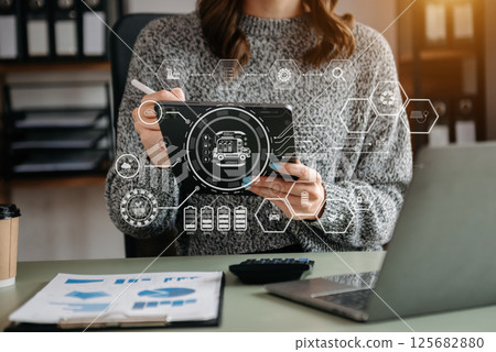 Business working with reduce CO2 concept with icons, global warming such as reforest green factory recycle and zero carbon dioxide emission concept. with VR icon at office Business working with reduce CO2 concept with icons, global warming such as reforest green factory recycle and zero carbon dioxide emission concept. with VR icon at office 125682880