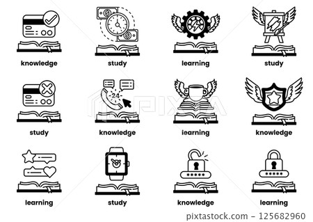 A set of icons that represent various aspects of learning and knowledge 125682960