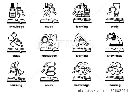 Set of illustrations in the concept of Books and knowledge in a line style Set of illustrations in the concept of Books and knowledge in a line style 125682964