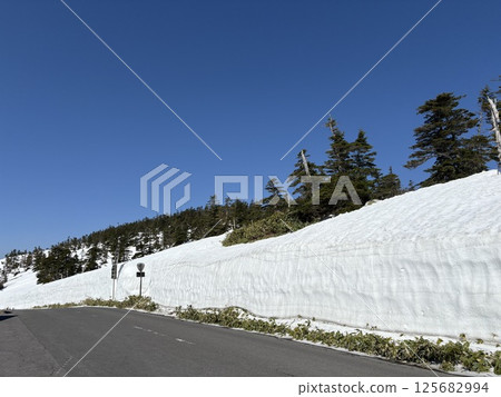 夏季道路剛通車的石峠_雪牆_黃金周 夏季道路剛通車的石峠_雪牆_黃金周 125682994