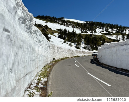 Shibu Pass just after the road opens in summer _ Snow wall _ Golden Week Shibu Pass just after the road opens in summer _ Snow wall _ Golden Week 125683010