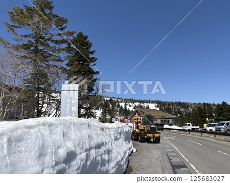 Shibu Pass just after the road opens in summer _ Snow wall _ Golden Week Shibu Pass just after the road opens in summer _ Snow wall _ Golden Week 125683027