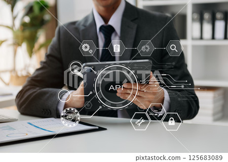 API Application Programming Interface, woman using laptop, tablet and smartphone with virtual screen API icon Software development tool, modern technology concept. 125683089
