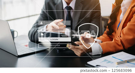 Cyber security concept, Login, User, identification information security and encryption, secure access to user's personal information woman using smart phone and tablet Cyber security concept, Login, User, identification information security and encryption, secure access to user's personal information woman using smart phone and tablet 125683096