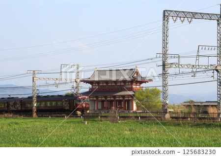 「青鬼吉號」觀光特快列車在世界遺產奈良平城宮的朱雀門前行駛。 125683230
