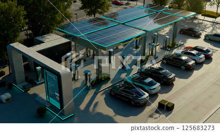 A group of cars parked in front of a gas station 125683273