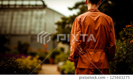 A man in a brown jacket standing in front of a house 125683275