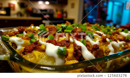 A dish of food with bacon cheese and green onions 125683276