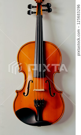 A violin hanging on a white wall 125683296