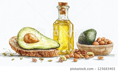 National Lipid Day Avocado oil with bread nuts and seeds on white background National Lipid Day Avocado oil with bread nuts and seeds on white background 125683403