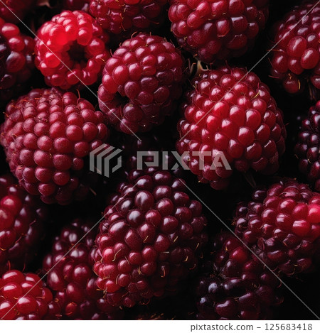 Close-up of fresh, ripe red raspberries with rich texture Close-up of fresh, ripe red raspberries with rich texture 125683418