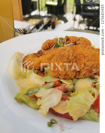 schnitzel with vegetable salad schnitzel with vegetable salad 125683485