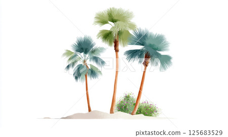 Tall tropical palm trees and bush on white background 125683529
