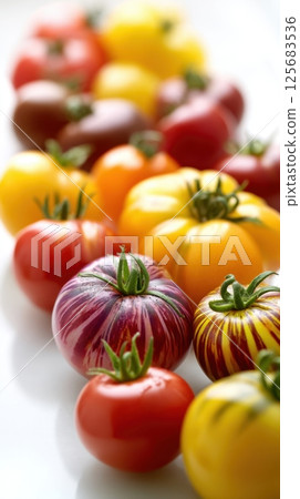 Vibrant heirloom tomatoes assortment on white background British Tomato Fortnight Vibrant heirloom tomatoes assortment on white background British Tomato Fortnight 125683536
