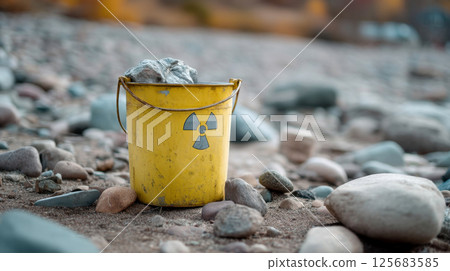 Yellow bucket with radioactive symbol on rocky shoreline 125683585