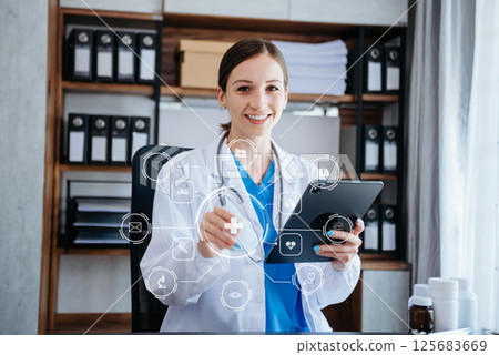 health care business graph data and growth, Medical examination and doctor analyzing medical report network connection on tablet screen. 125683669