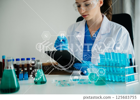 Dctor work on digital tablet healthcare doctor technology tablet using computer in laboratory study with VR icon Dctor work on digital tablet healthcare doctor technology tablet using computer in laboratory study with VR icon 125683755