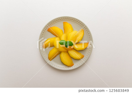 Aerial view of cut plums 125683849