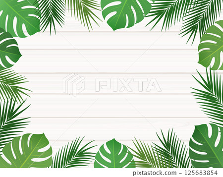 熱帶植物和白色木框架背景_向量插圖 125683854