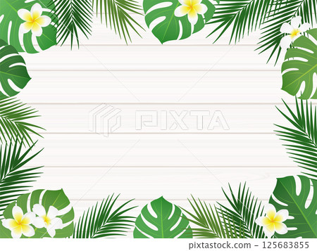熱帶植物和白色木框架背景_向量插圖 125683855