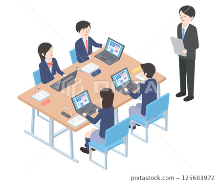 Students working together on a computer and a teacher watching over them 125683972