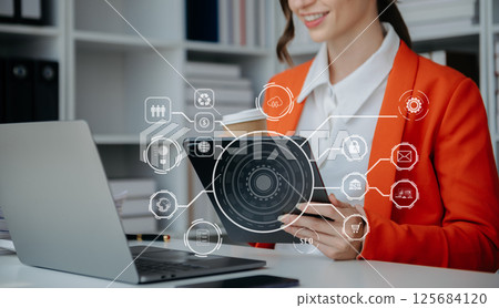 Digital marketing media in virtual screen.business working digital tablet, smartphone with computer laptop at office Digital marketing media in virtual screen.business working digital tablet, smartphone with computer laptop at office 125684120